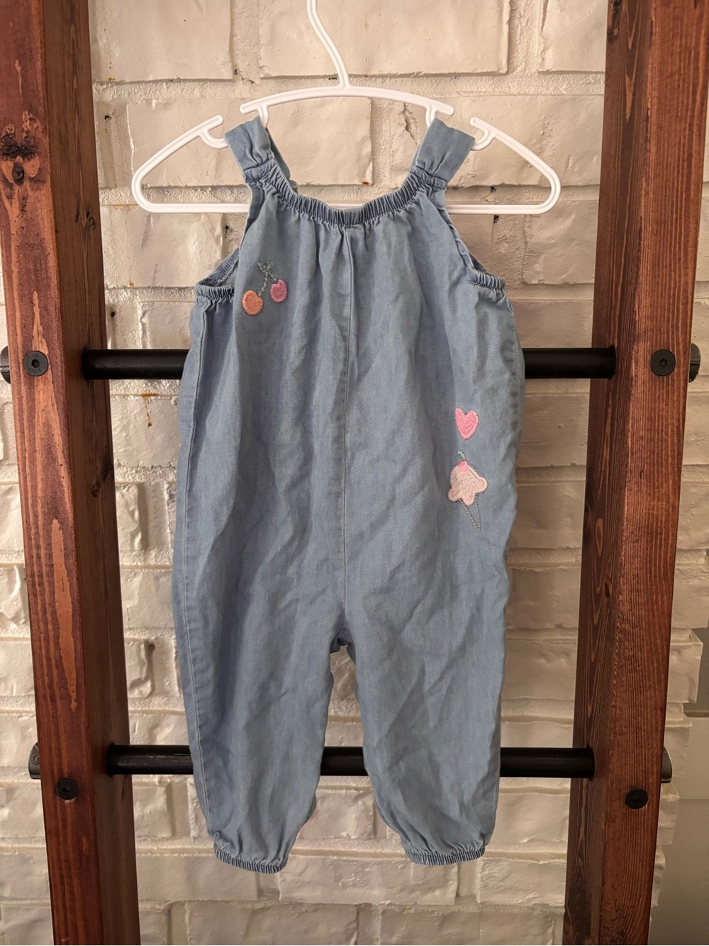 ✨ 3/$25✨ Girls' Chambray Overalls with Heart & Fruit Embroidery